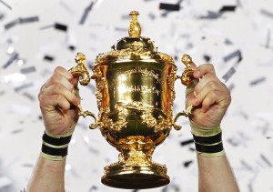 A view shows the Webb Ellis Cup, held up by New Zealand All Blacks captain Richie McCaw (not pictured) after they beat France to win the Rugby World Cup final match at Eden Park in Auckland October 23, 2011. REUTERS/Mike Hutchings (NEW ZEALAND - Tags: SPORT RUGBY) - RTR2T277